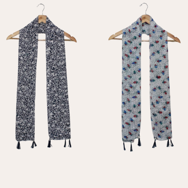 Blackk and Whitee Printed Scarf  (Set of 2)