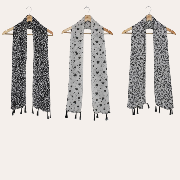 Blackkw and White Printed Scarf  (Set of 3)