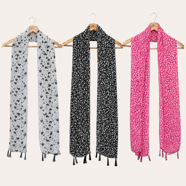 Blackp and White Printed Scarf  (Set of 3)