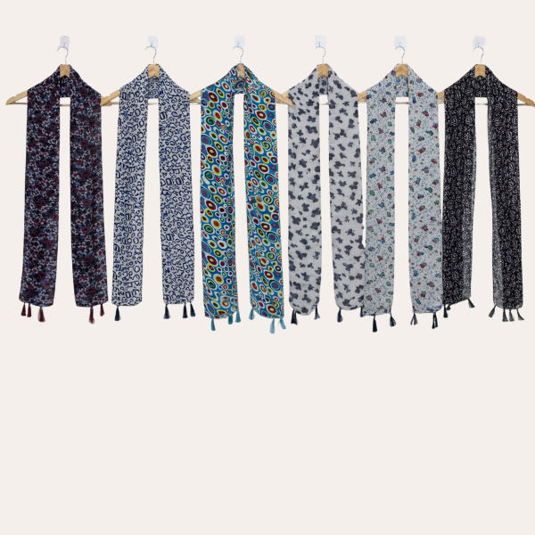 Blackwhite and skyblue Printed Scarf  (Set of 6)