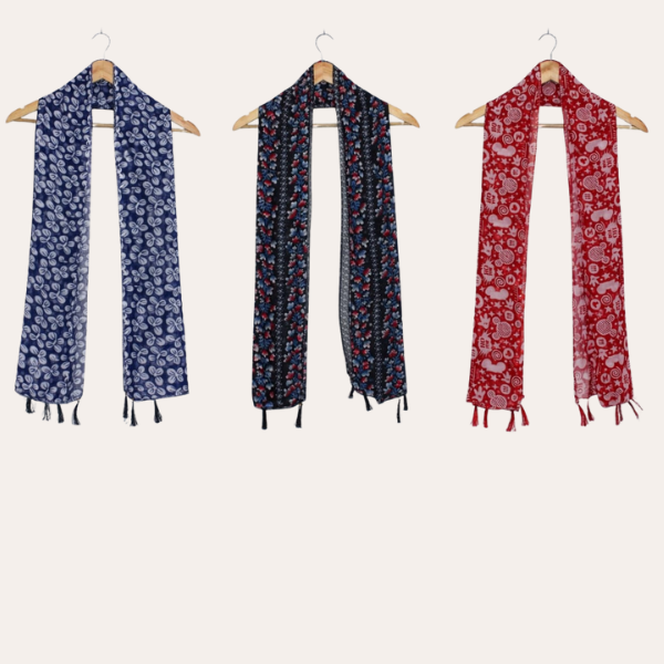 Blue and Red Printed Scarf  (Set of 3)