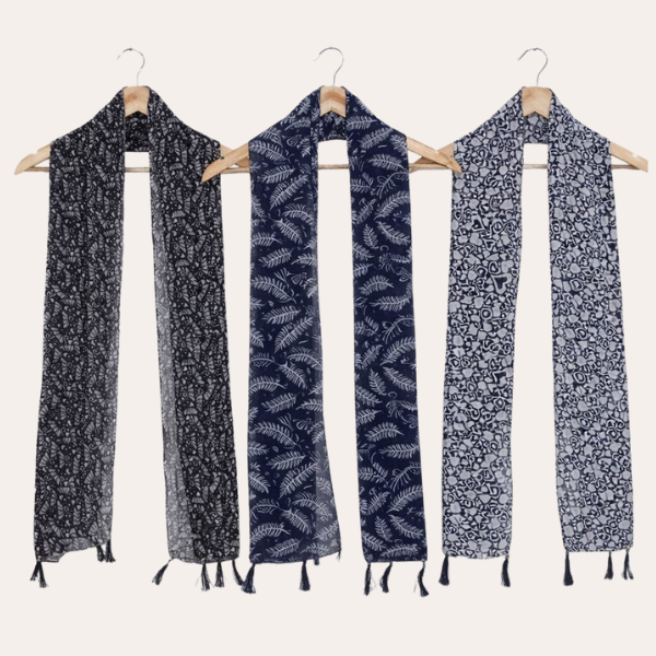 Blueblack and White Printed Scarf  (Set of 3)