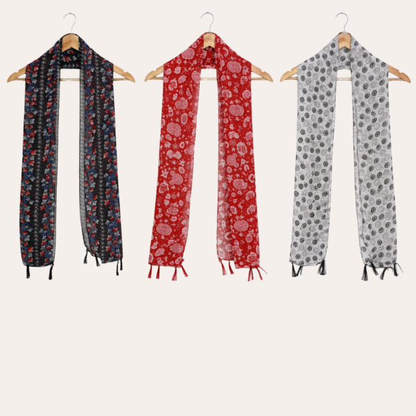 Redblack and White Printed Scarf  (Set of 3)