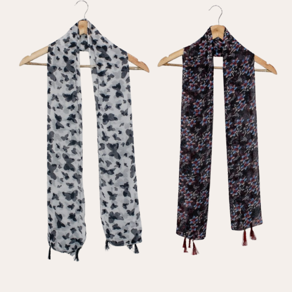 Whitete and Bllaack Printed Scarf  (Set of 2)