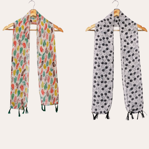 Yellow and White Printed Scarf  (Set of 2)