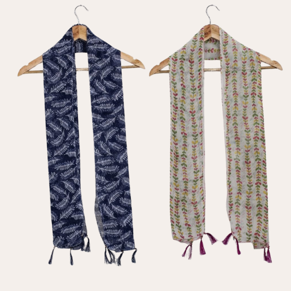 darkBlue and White Printed Scarf  (Set of 2)